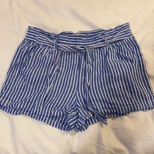 Blue and White Striped Paperbag Shorts